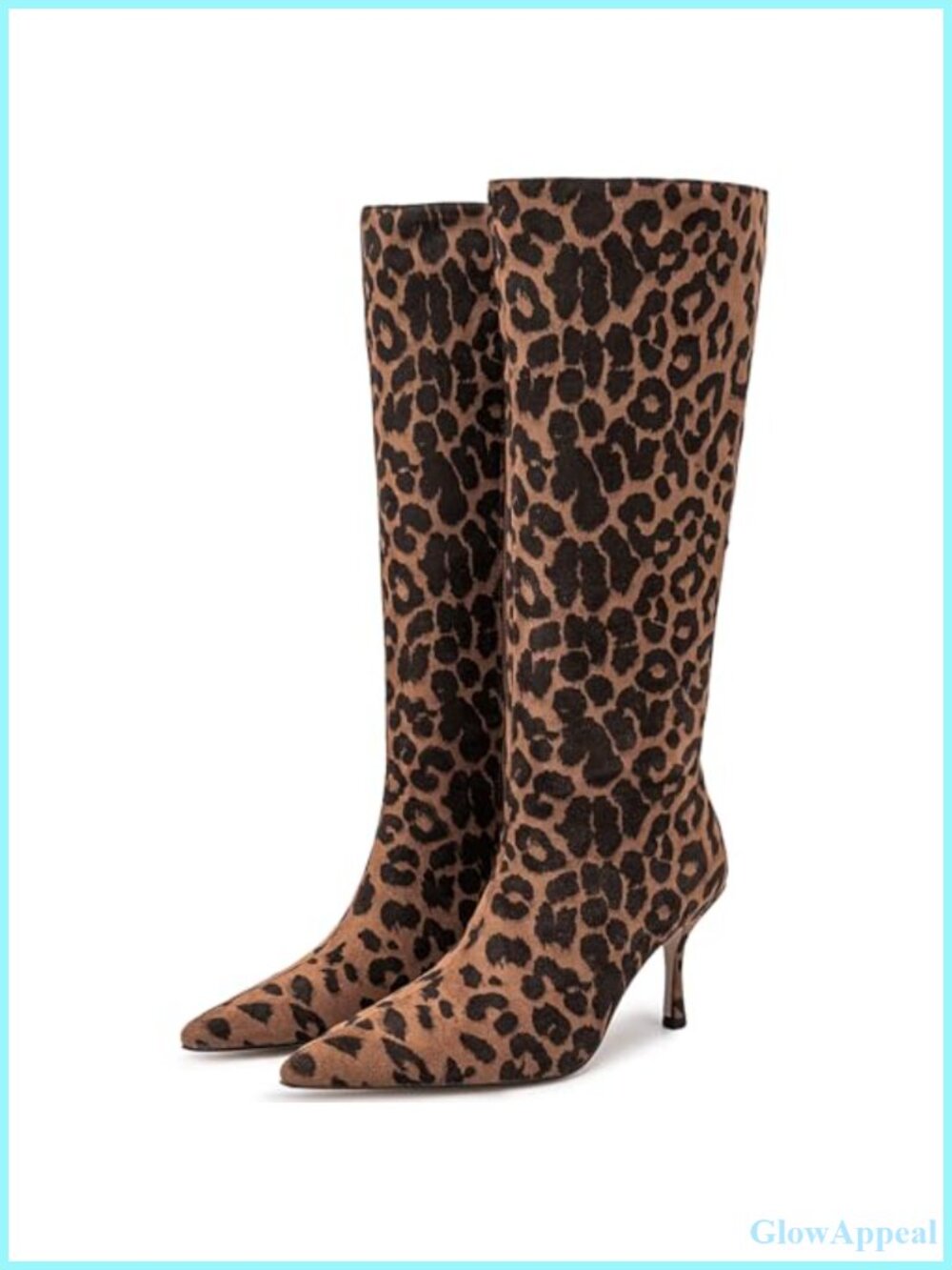 Leopard Print Kitten Heel Knee High Boots Wide Calf Pointed Toe Side Zipper